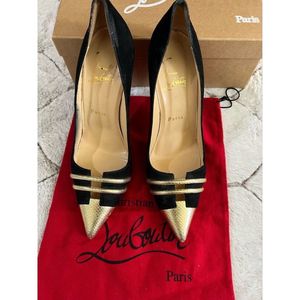Christian Louboutin Pumps Stiletto Pointed Toe Pump Black Gold 38.5 - Picture 2 of 12